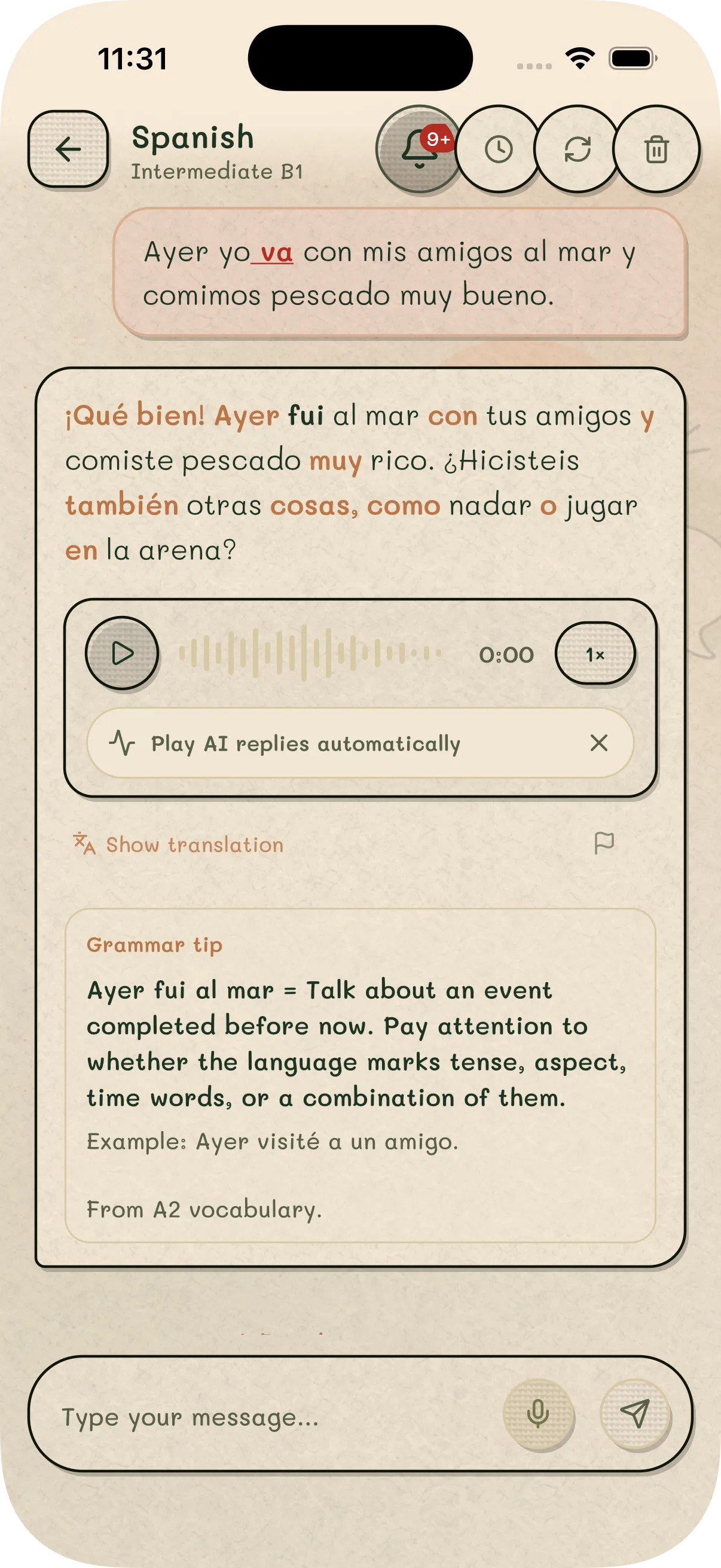 Kompreno mobile app: practicing a Spanish conversation with AI feedback