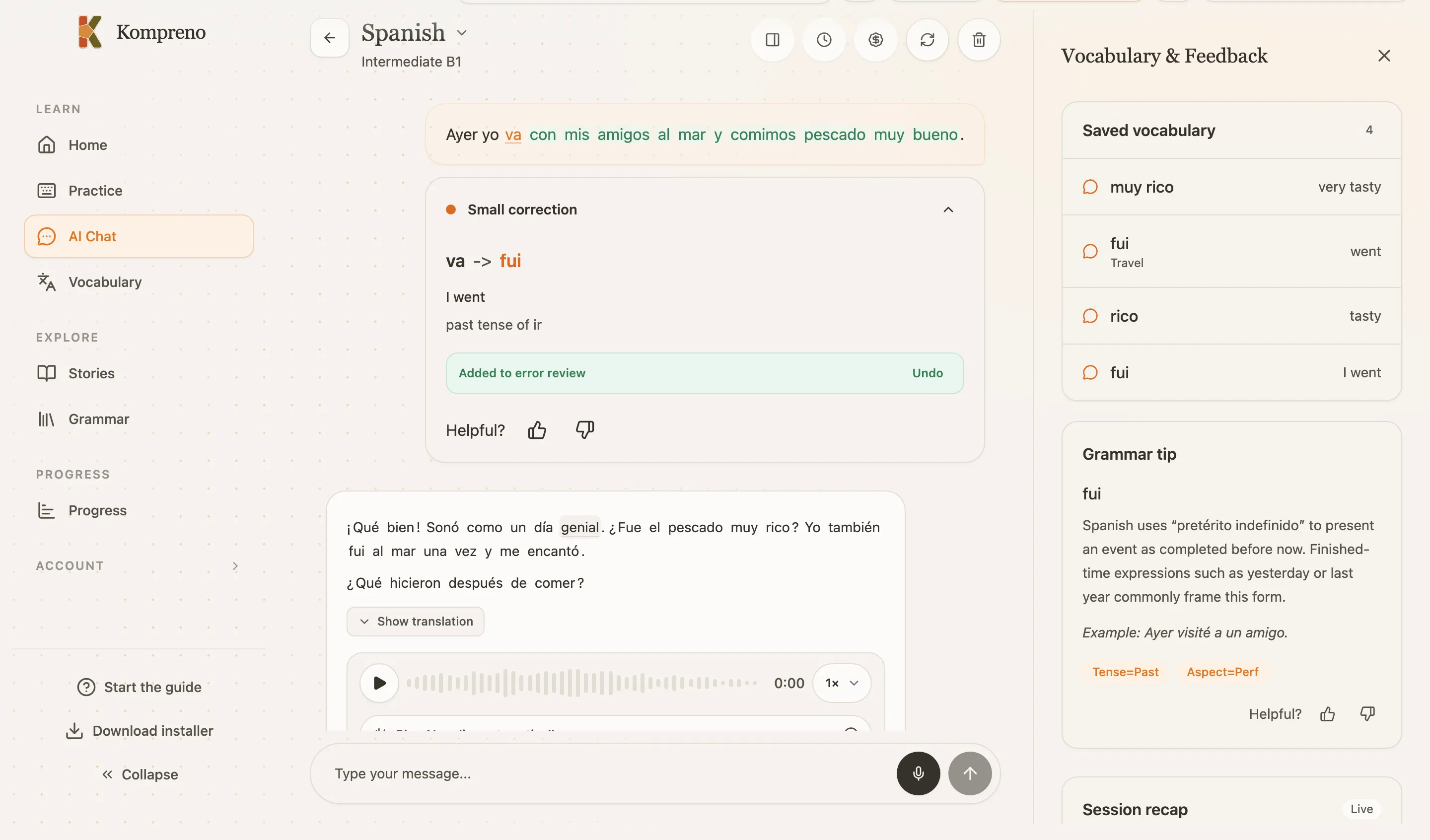 Kompreno on the web: an AI conversation correcting a Spanish verb, with vocabulary and a grammar tip